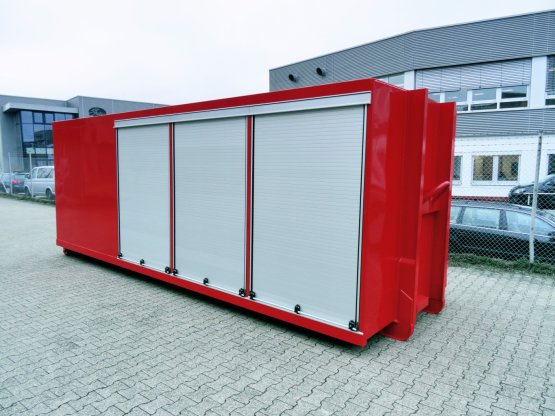 HÜLLENKREMER Containerbau NRW - Feuerwehrcontainer - Feuerwehr-Abroll-Container in geschlossener Ausführung mit seitlichen Alu-Rollläden und Alu-Heckklappe