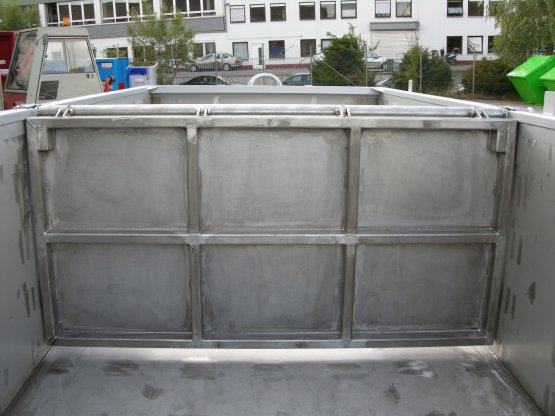HÜLLENKREMER Containerbau NRW - Abrollcontainer, offen, aus Edelstahlblechen, Innenliegende Pendelklappe