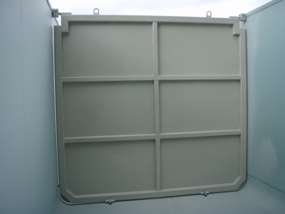 HÜLLENKREMER Containerbau NRW - Pendelklappe, innenliegende Pendelwand für Abrollcontainer, hoch, offen